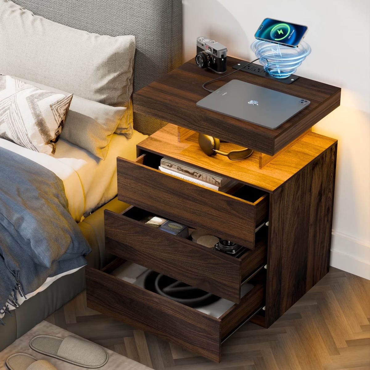 Hommpa LED Nightstand Wireless Charging Station USB Type C Outlets Bedside Table 3 Drawers Black Night - Product image 3