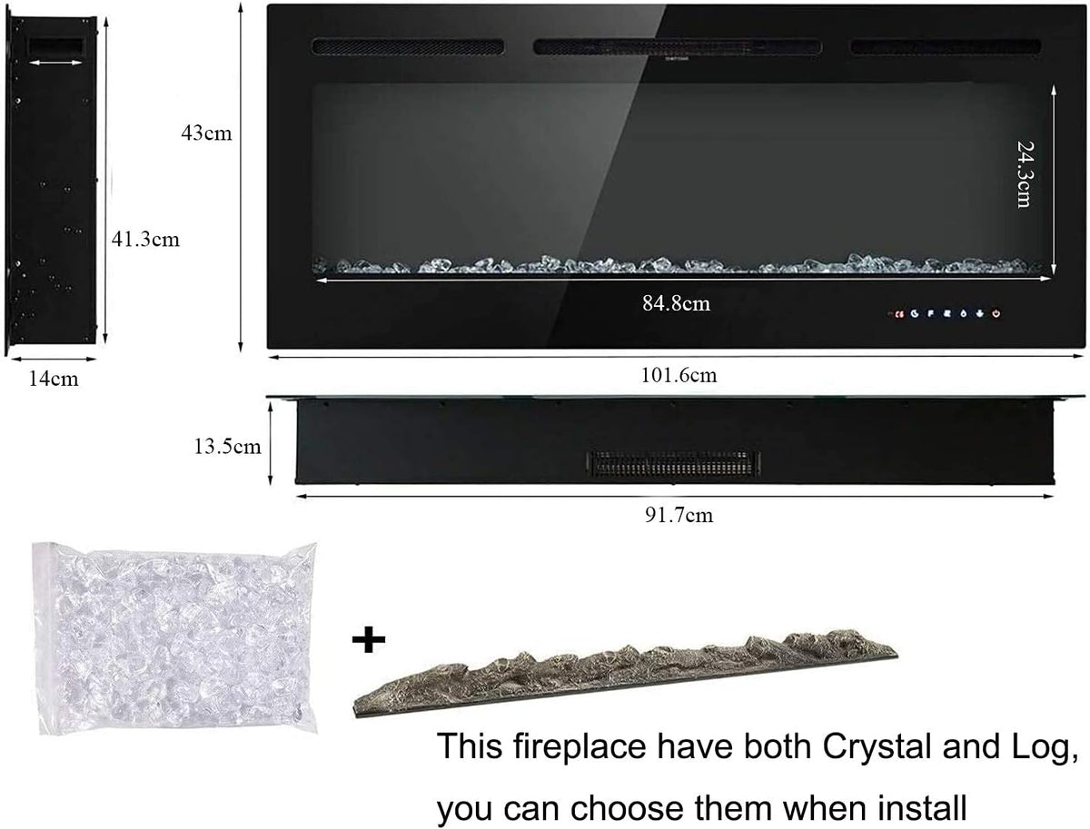 M.C.Haus Electric Fireplace with Touch Screen and Colored Glass Panel for Flame Insert - Wall Heater - Remote Control with Crystal and Logs - 900/1800 W (102 cm, Black)