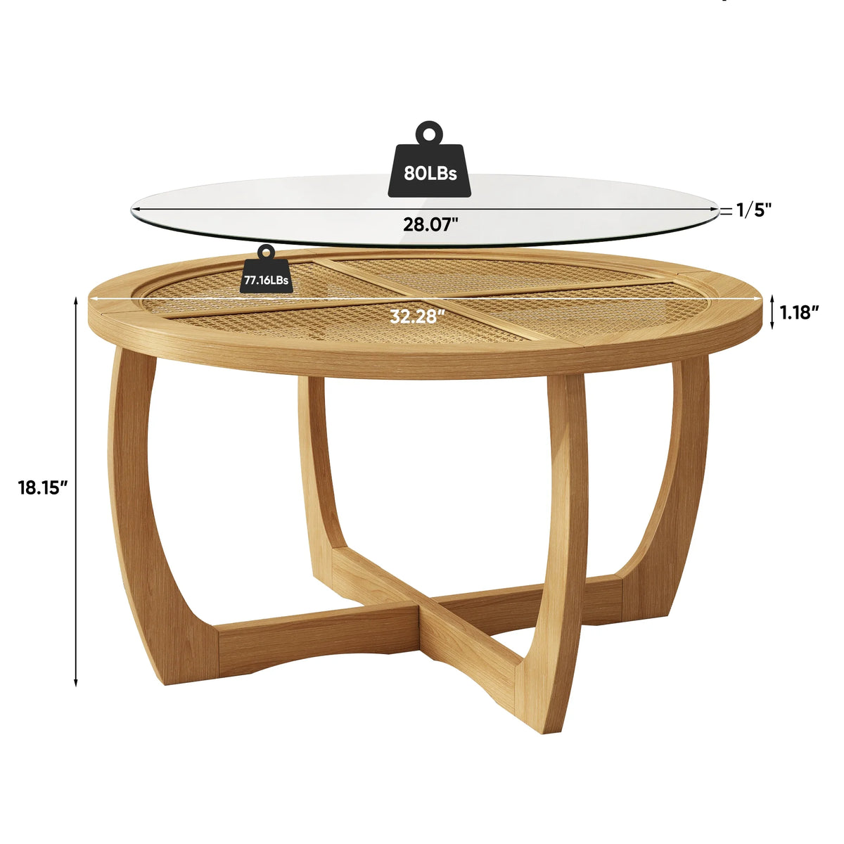 Round Wood Coffee Table with Glass Rattan Top, Wooden Circle Center Table with Curved Legs & Removeable - Product image 4