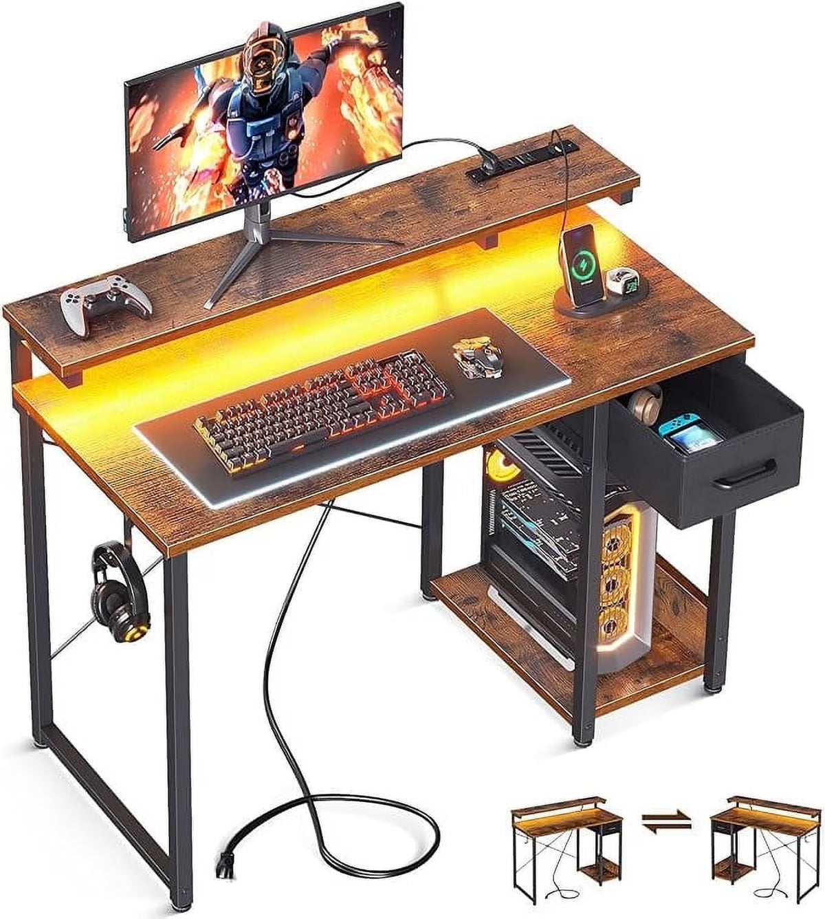 40 in Computer Desk with Power Outlets & LED Lights, Home Office Desk with 3 Drawers & Adjustable Monitor - Product image 7