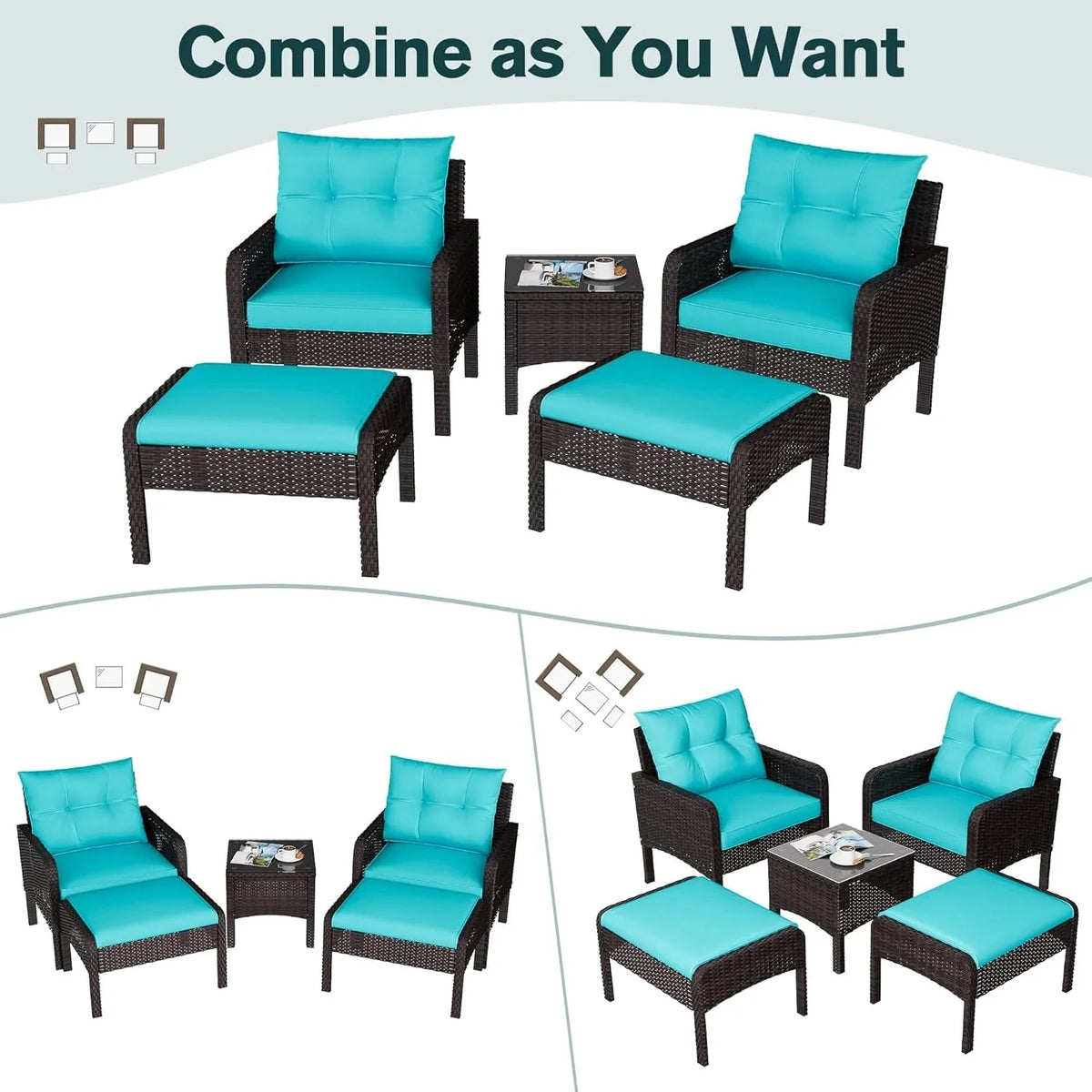 AECOJOY Outdoor 5 Pieces Patio Furniture Set, PE Rattan Wicker Chairs with Ottoman and Table, Brown/Blue - Product image 5