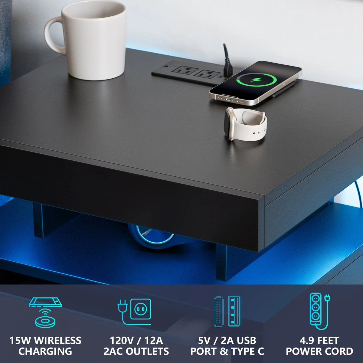 Hommpa LED Nightstand Wireless Charging Station USB Type C Outlets Bedside Table 3 Drawers Black Night - Product image 29