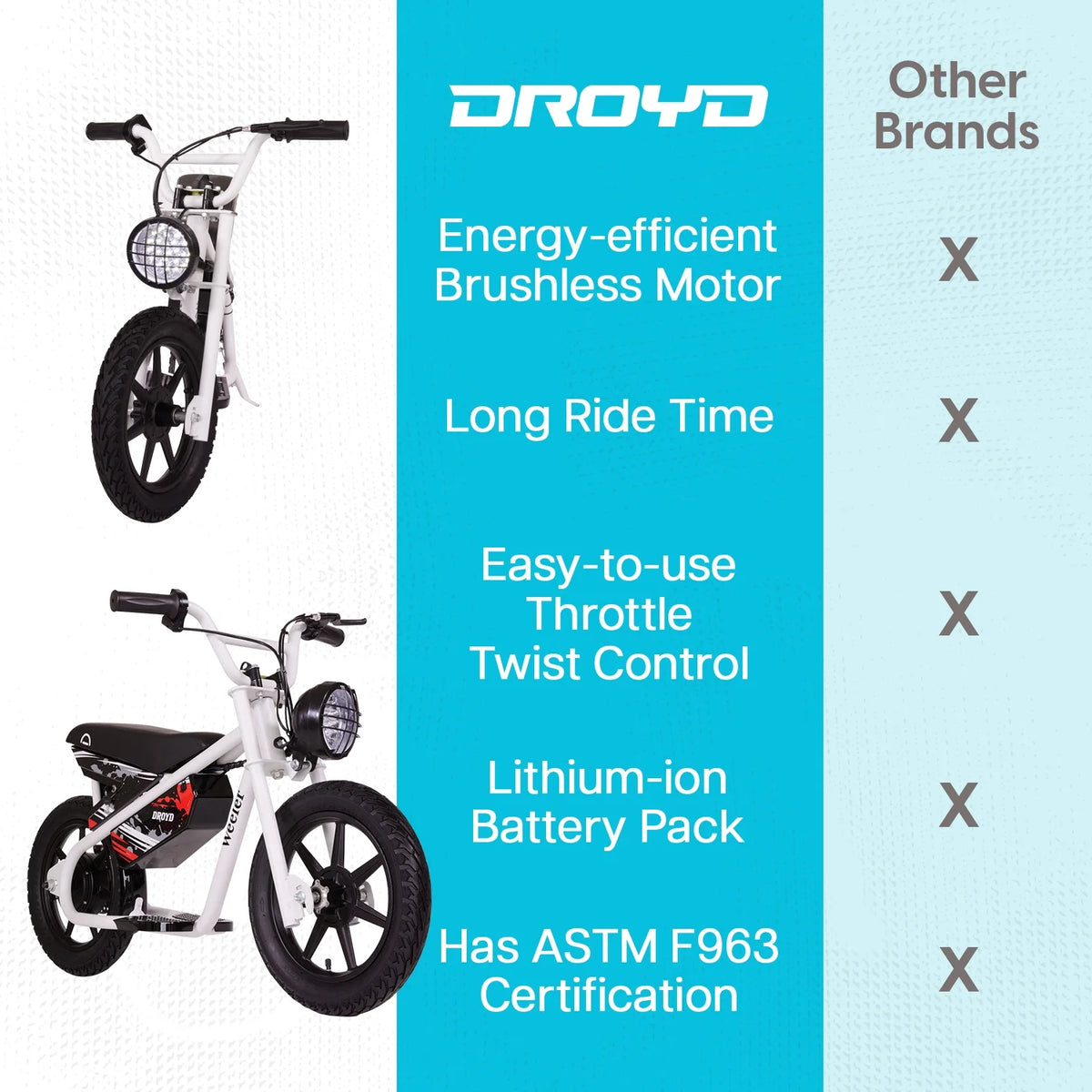 Droyd Weeler Electric Mini Bike - 24V 8ah Battery, 6 - 10 MPH, up to 8 Miles, LED Lights, Kids Ages 6+ - Product image 6