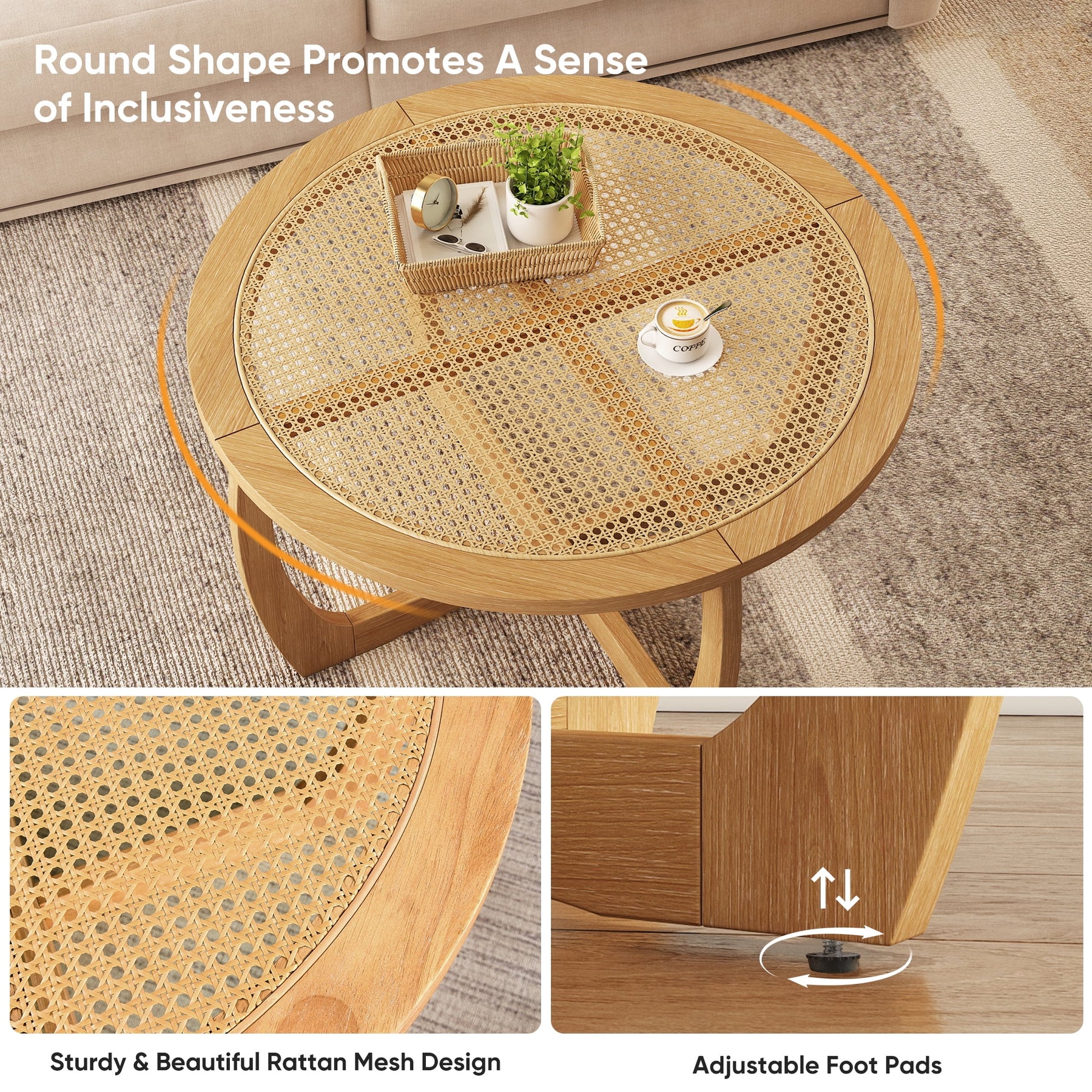 Round Wood Coffee Table with Glass Rattan Top, Wooden Circle Center Table with Curved Legs & Removeable - Product image 20