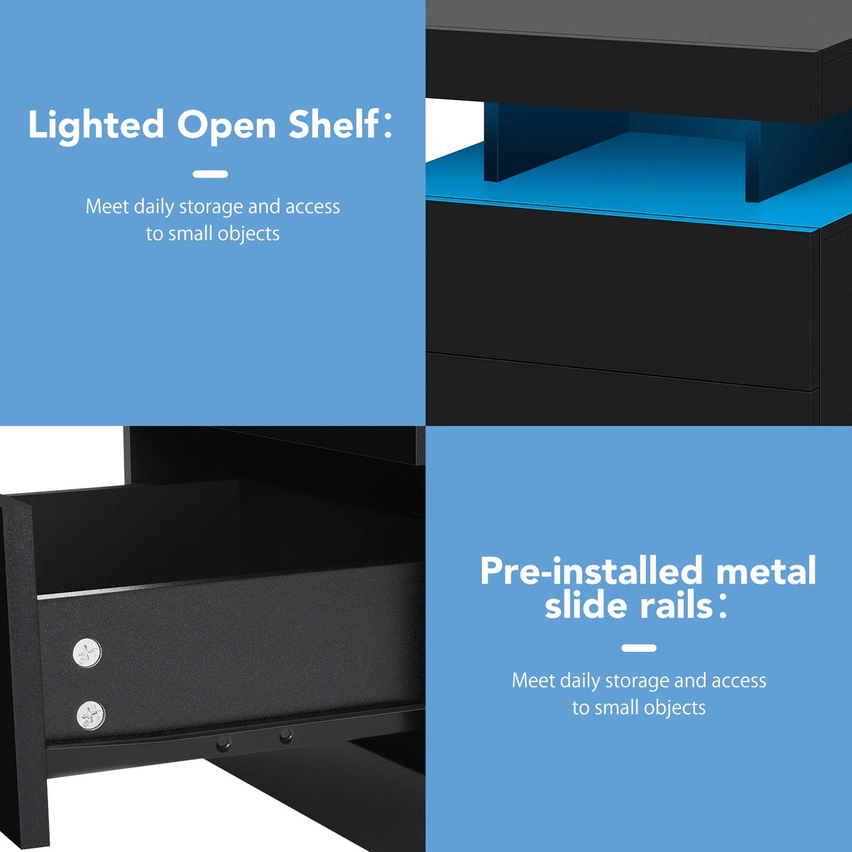 Hommpa LED Nightstand Wireless Charging Station USB Type C Outlets Bedside Table 3 Drawers Black Night - Product image 10