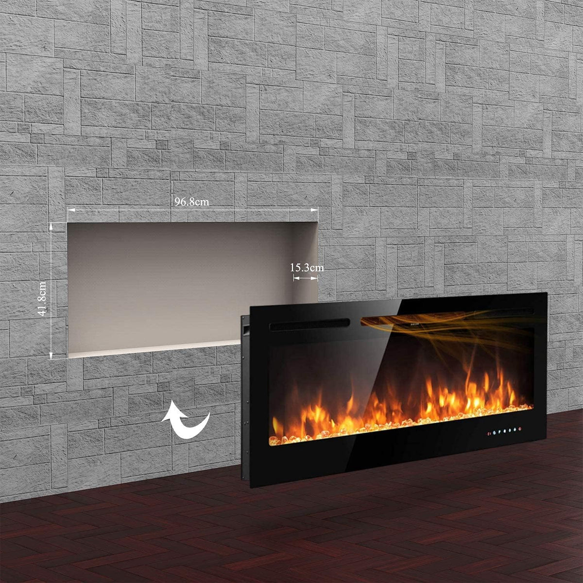 M.C.Haus Electric Fireplace with Touch Screen and Colored Glass Panel for Flame Insert - Wall Heater - Remote Control with Crystal and Logs - 900/1800 W (102 cm, Black)