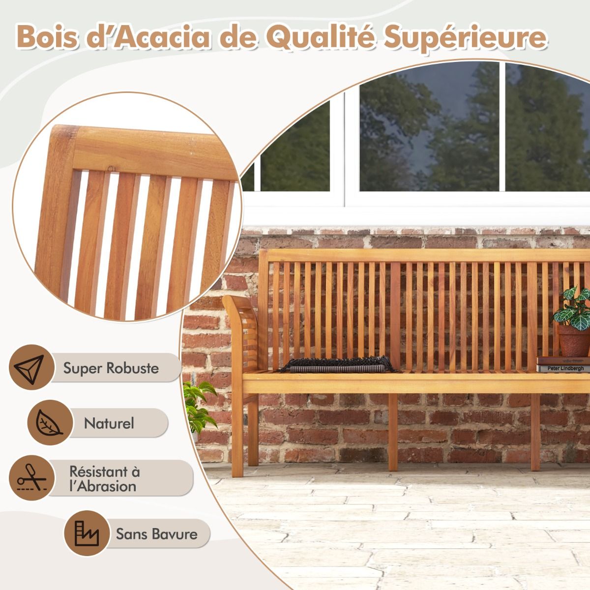 3-Seater Wooden Terrace Bench 159 cm Long Acacia Bench with Soft Seat Cushions Ergonomic Backrest and Armrests White -