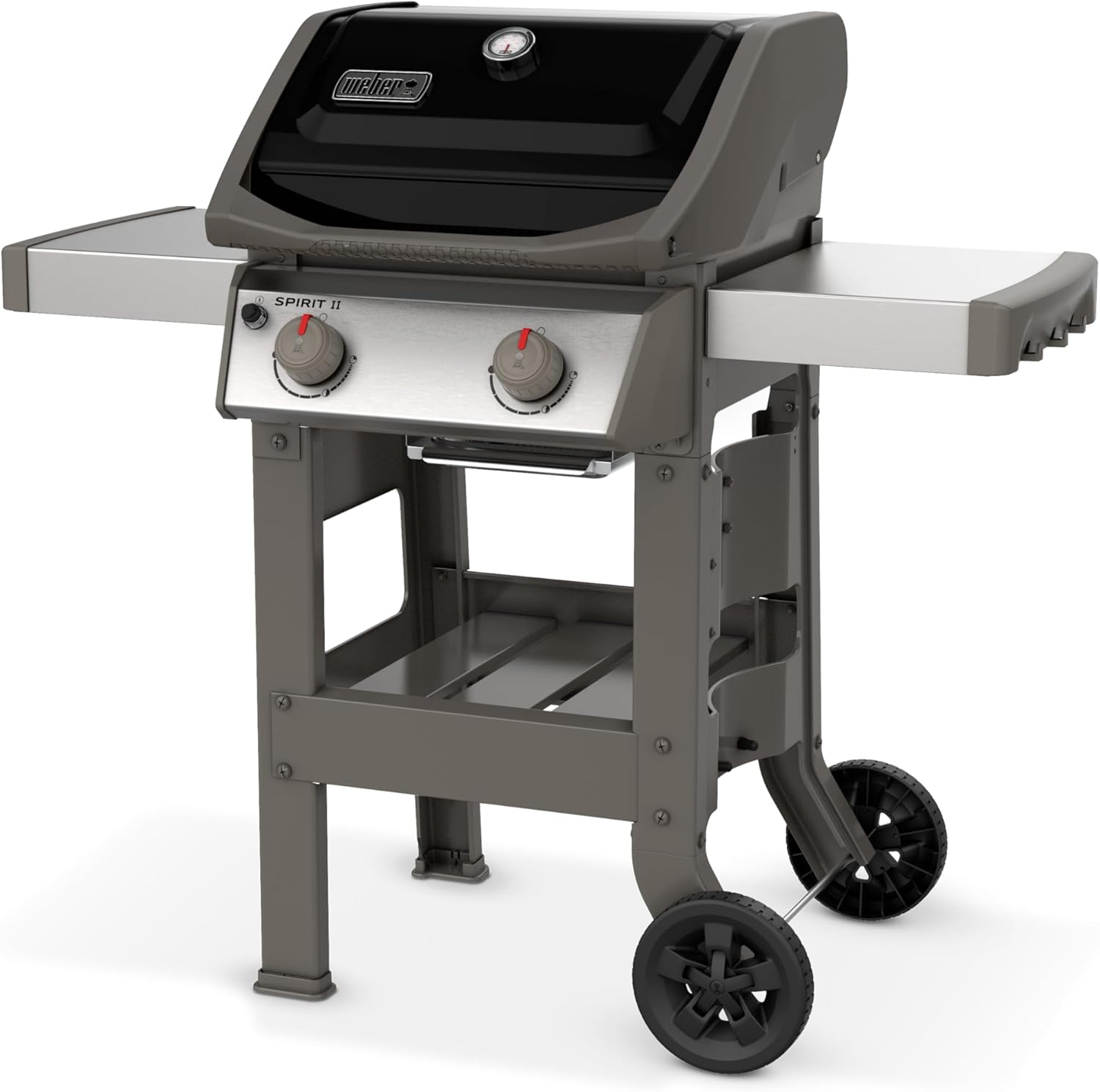 Spirit II E-210 GBS Gas Barbecue, 2 Burners, 51 x 46 cm Cooking Surface, Lid Thermometer, Folding Side Table (Left), 4 Wheels - Black and Silver (44010153)