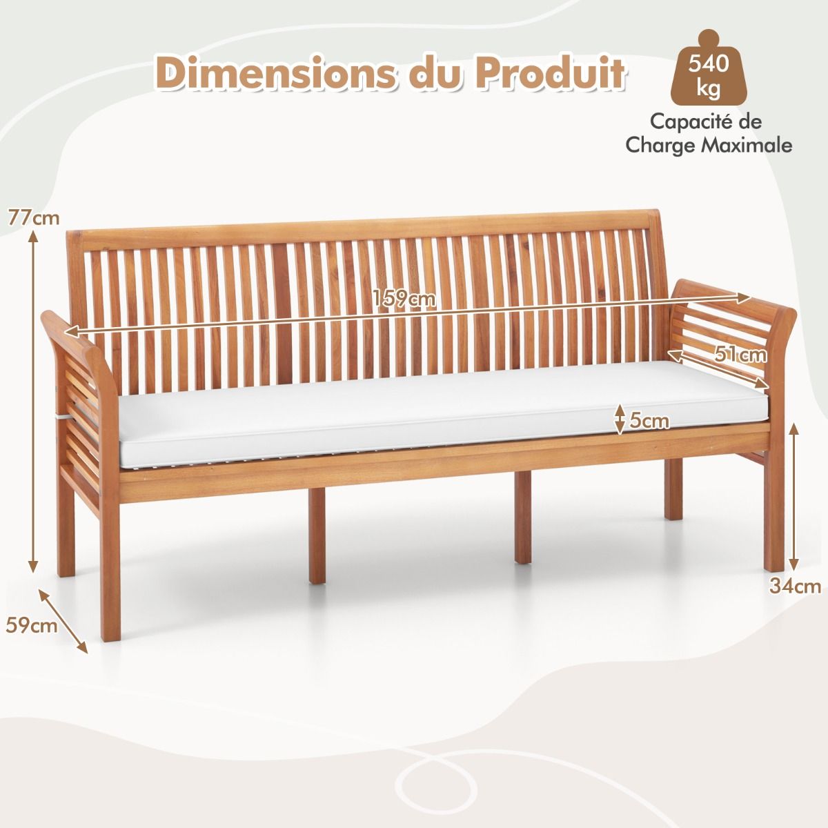 3-Seater Wooden Terrace Bench 159 cm Long Acacia Bench with Soft Seat Cushions Ergonomic Backrest and Armrests White -