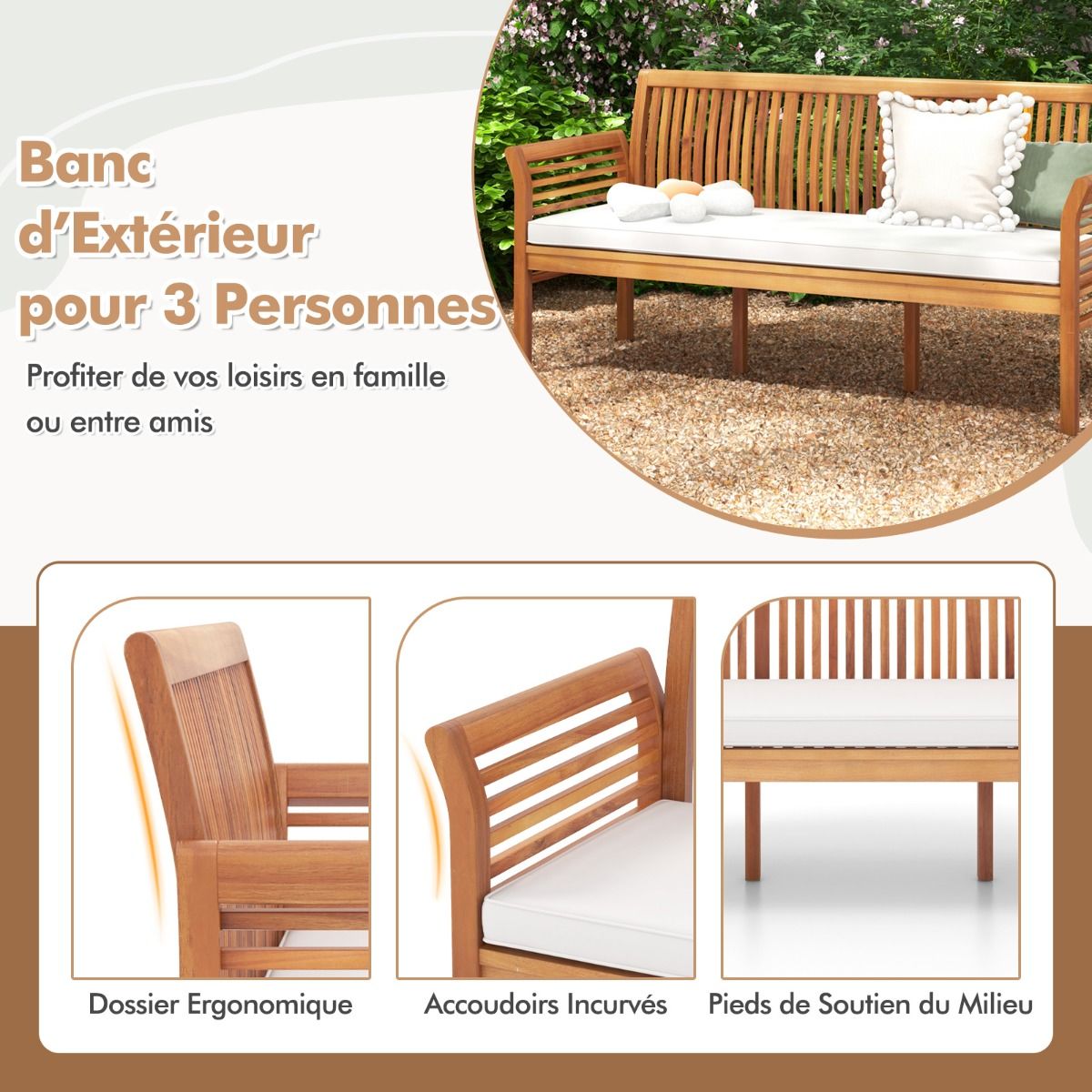 3-Seater Wooden Terrace Bench 159 cm Long Acacia Bench with Soft Seat Cushions Ergonomic Backrest and Armrests White -
