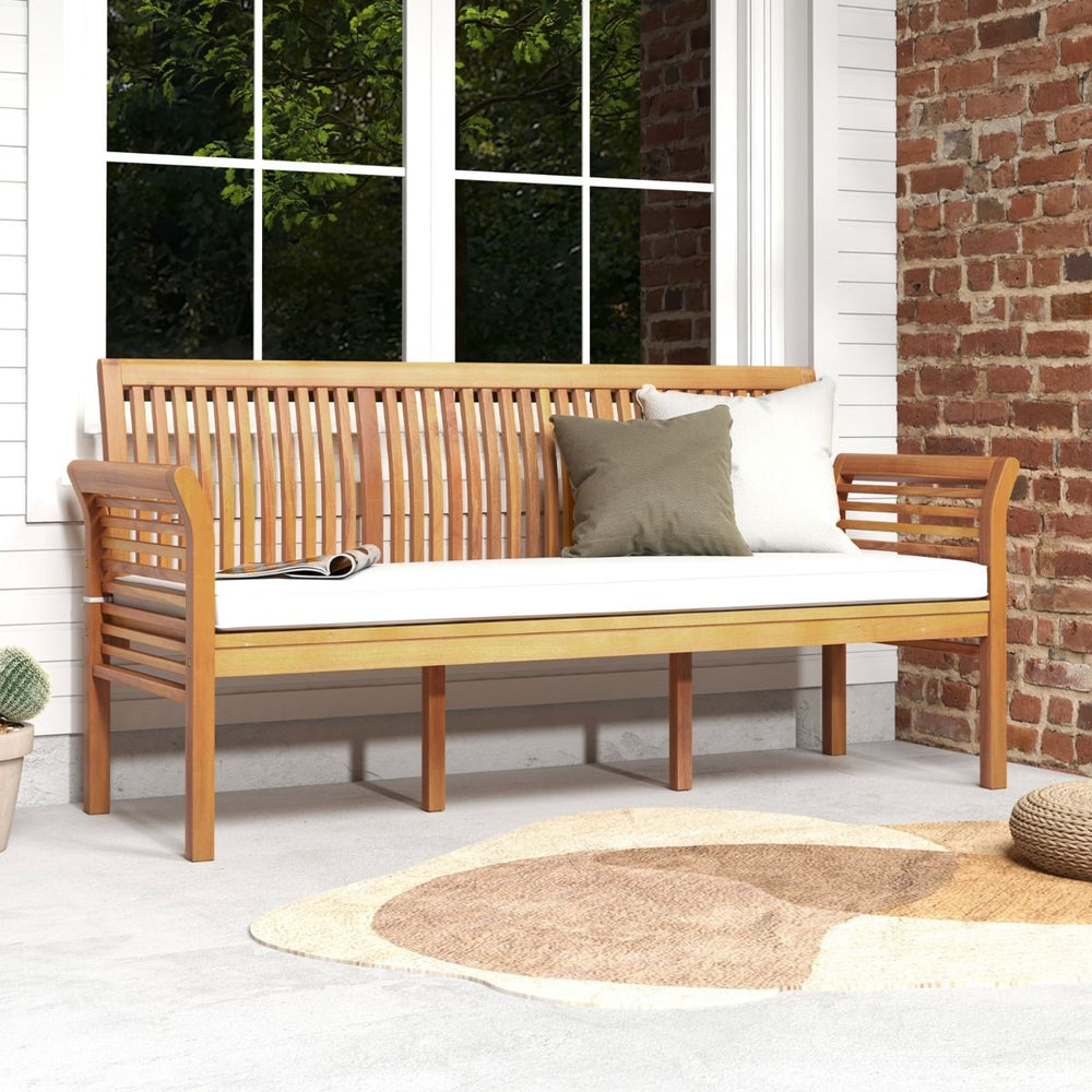 3-Seater Wooden Terrace Bench 159 cm Long Acacia Bench with Soft Seat Cushions Ergonomic Backrest and Armrests White