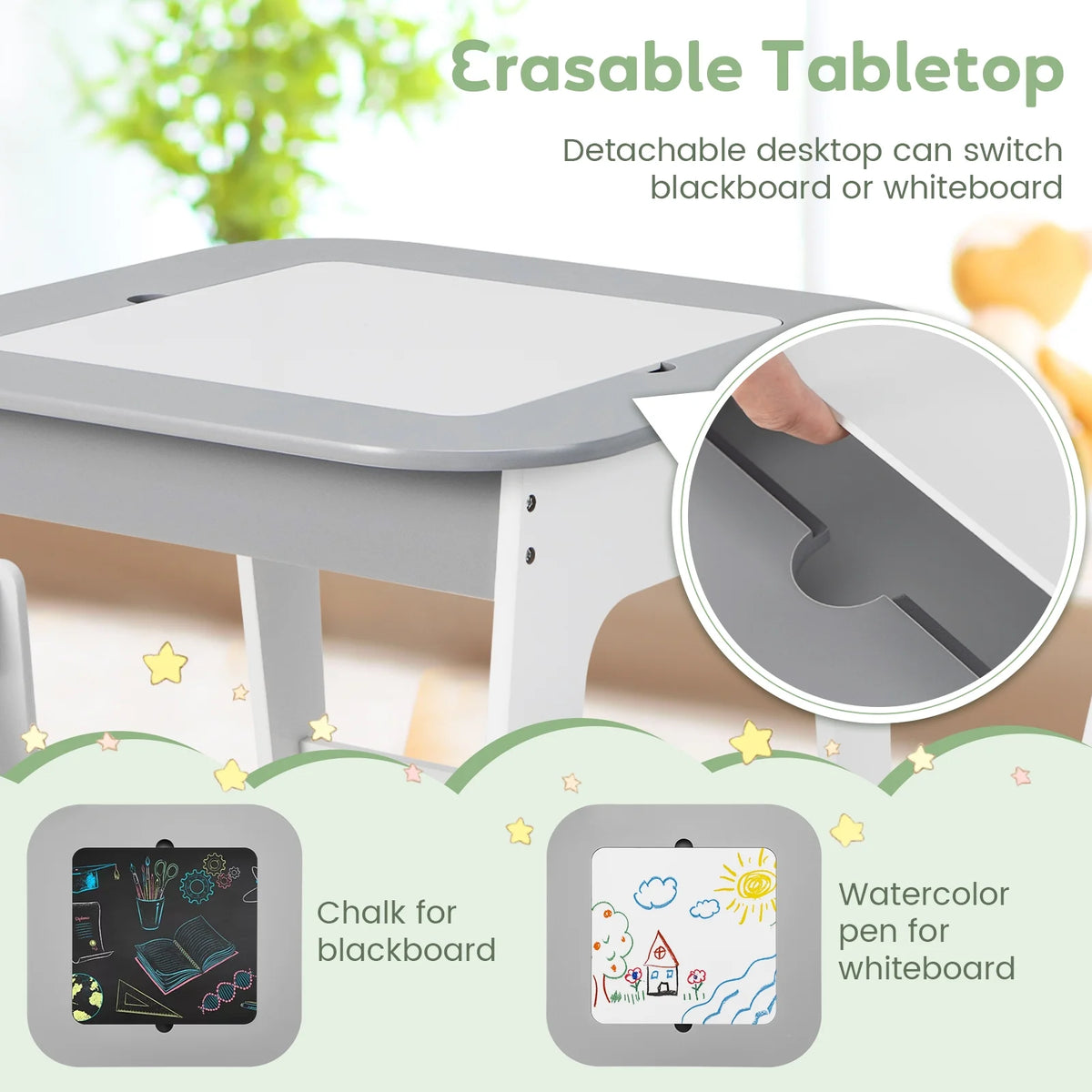 OLAKIDS Kids Table and Chair Set, 3 in 1 Wooden Activity Table with Removable Tabletop, Blackboard and Whiteboard for Toddlers Arts Crafts Drawing Reading Playing, Playroom Nursery (Natural)