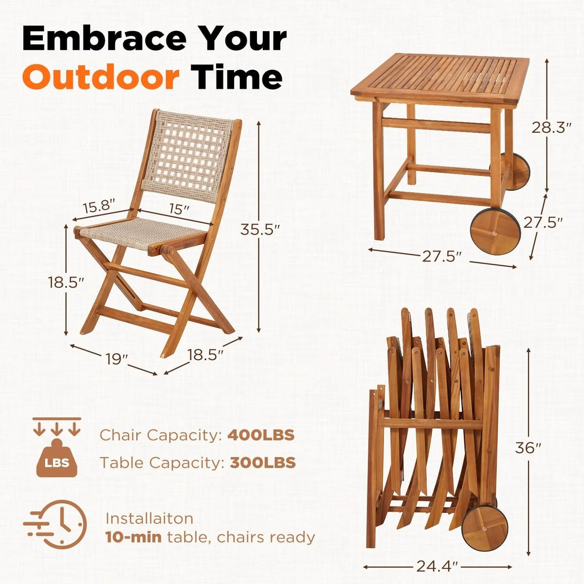 AECOJOY 5 Piece Outdoor Patio Dining Set, Acacia Wood Outdoor Table and Chairs with Wheels - Product image 3