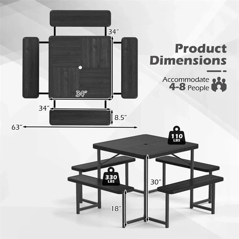 4-8 Person Outdoor Picnic Table Bench Set, All-Weather HDPE Square Dining Table with Umbrella Hole - Product image 15