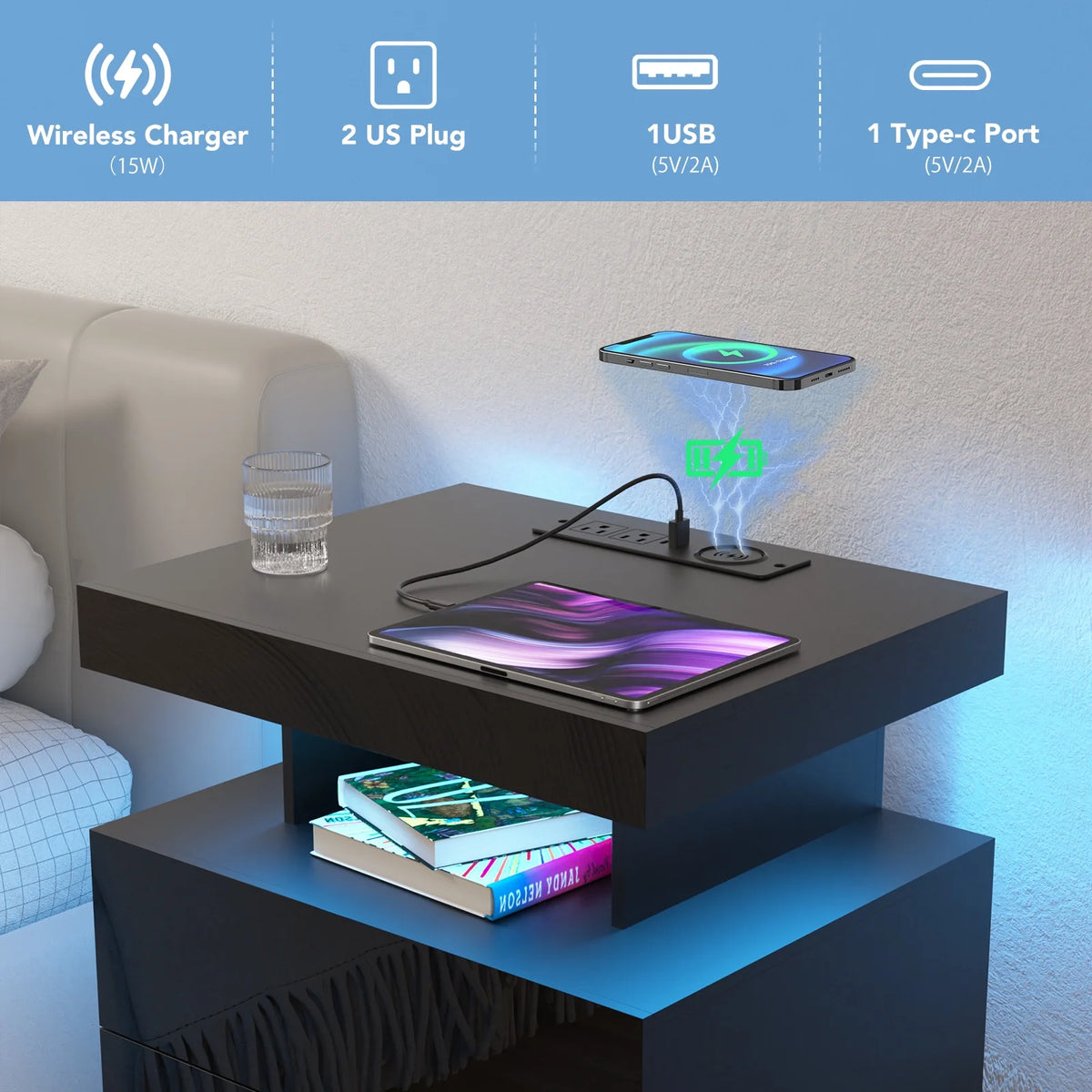Hommpa LED Nightstand Wireless Charging Station USB Type C Outlets Bedside Table 3 Drawers Black Night - Product image 2