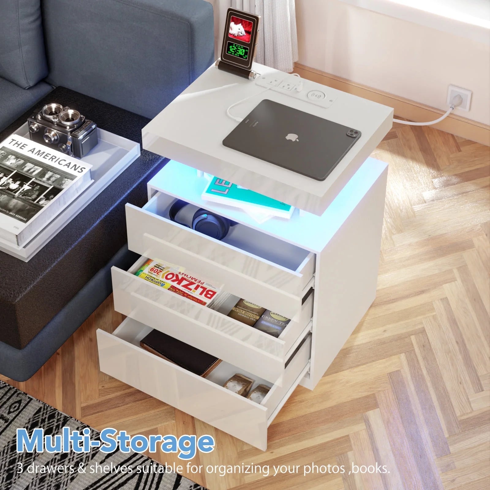 Hommpa LED Nightstand Wireless Charging Station USB Type C Outlets Bedside Table 3 Drawers Black Night - Product image 35