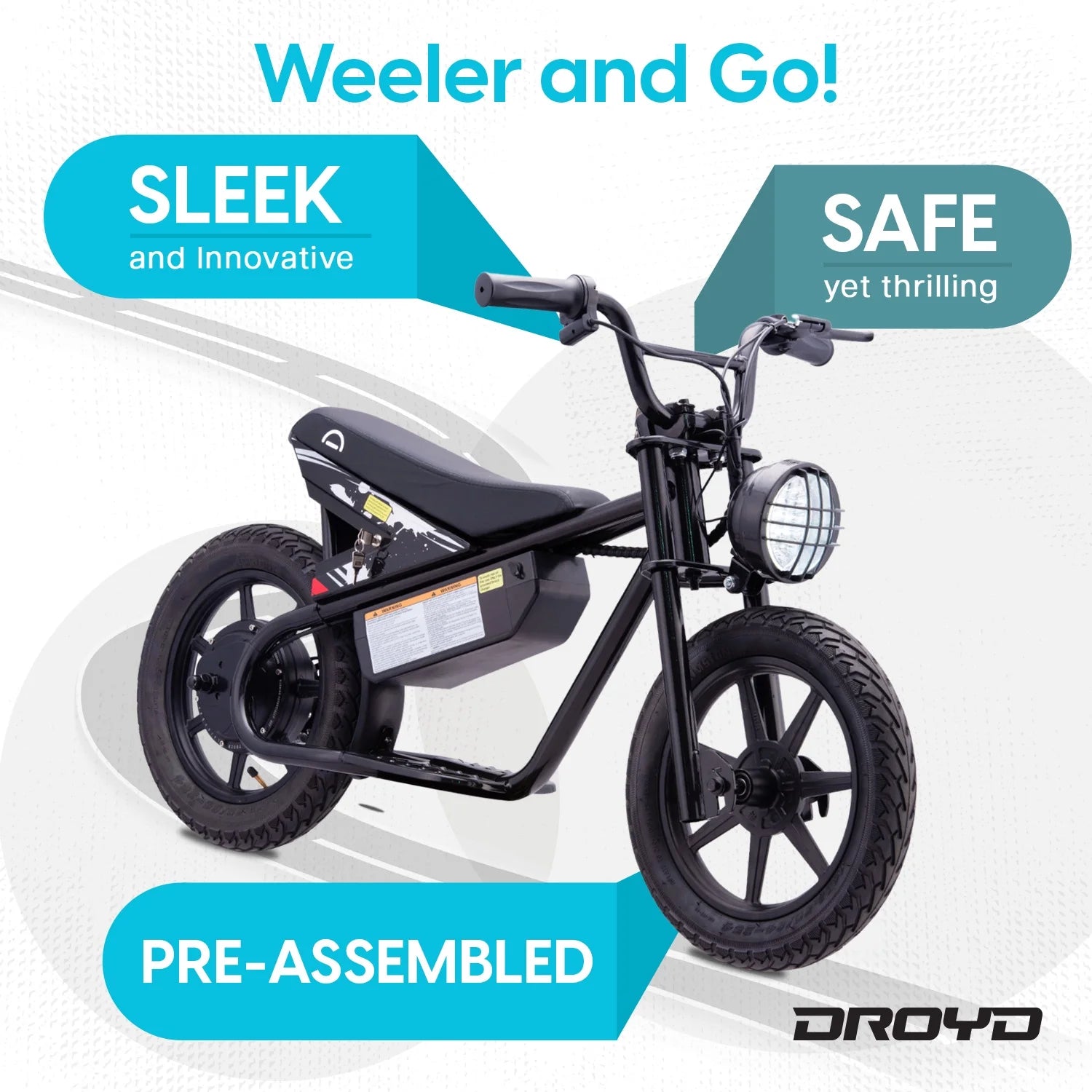 Droyd Weeler Electric Mini Bike - 24V 8ah Battery, 6 - 10 MPH, up to 8 Miles, LED Lights, Kids Ages 6+ - Product image 22