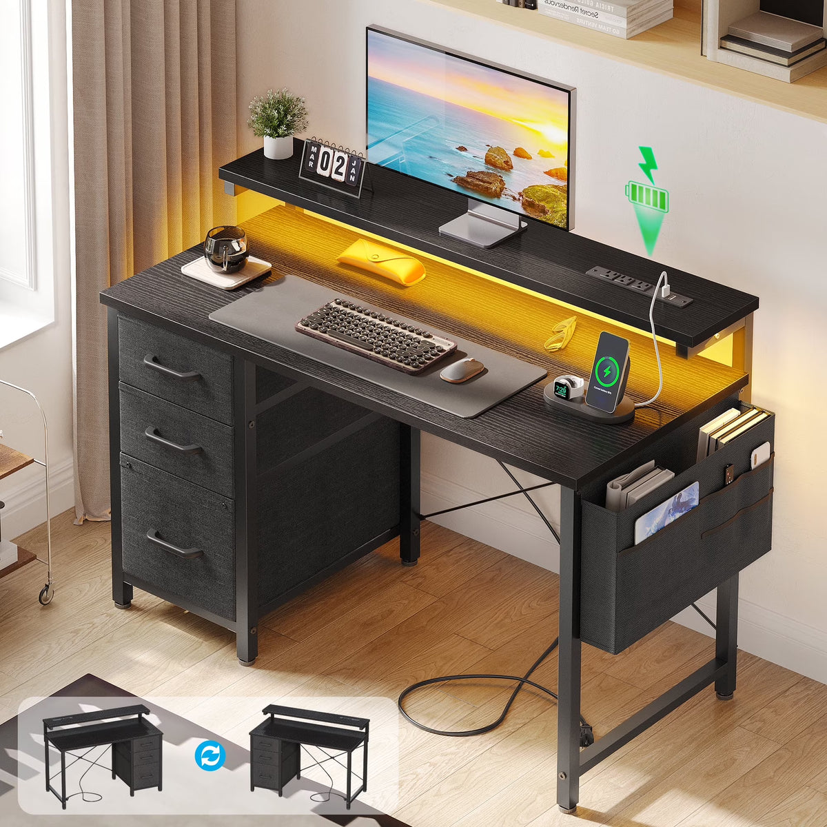 40 in Computer Desk with Power Outlets & LED Lights, Home Office Desk with 3 Drawers & Adjustable Monitor - Product image 3