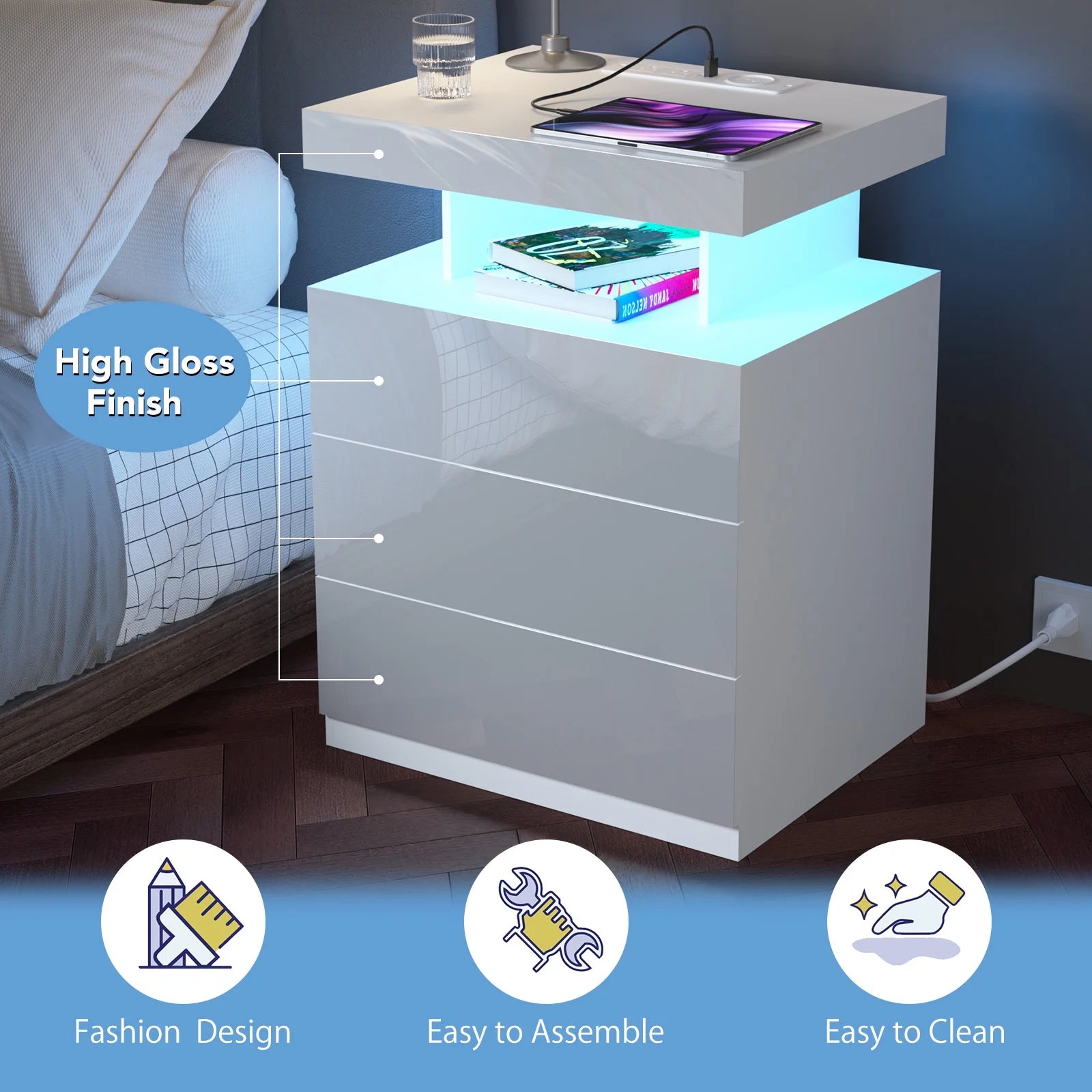 Hommpa LED Nightstand Wireless Charging Station USB Type C Outlets Bedside Table 3 Drawers Black Night - Product image 37