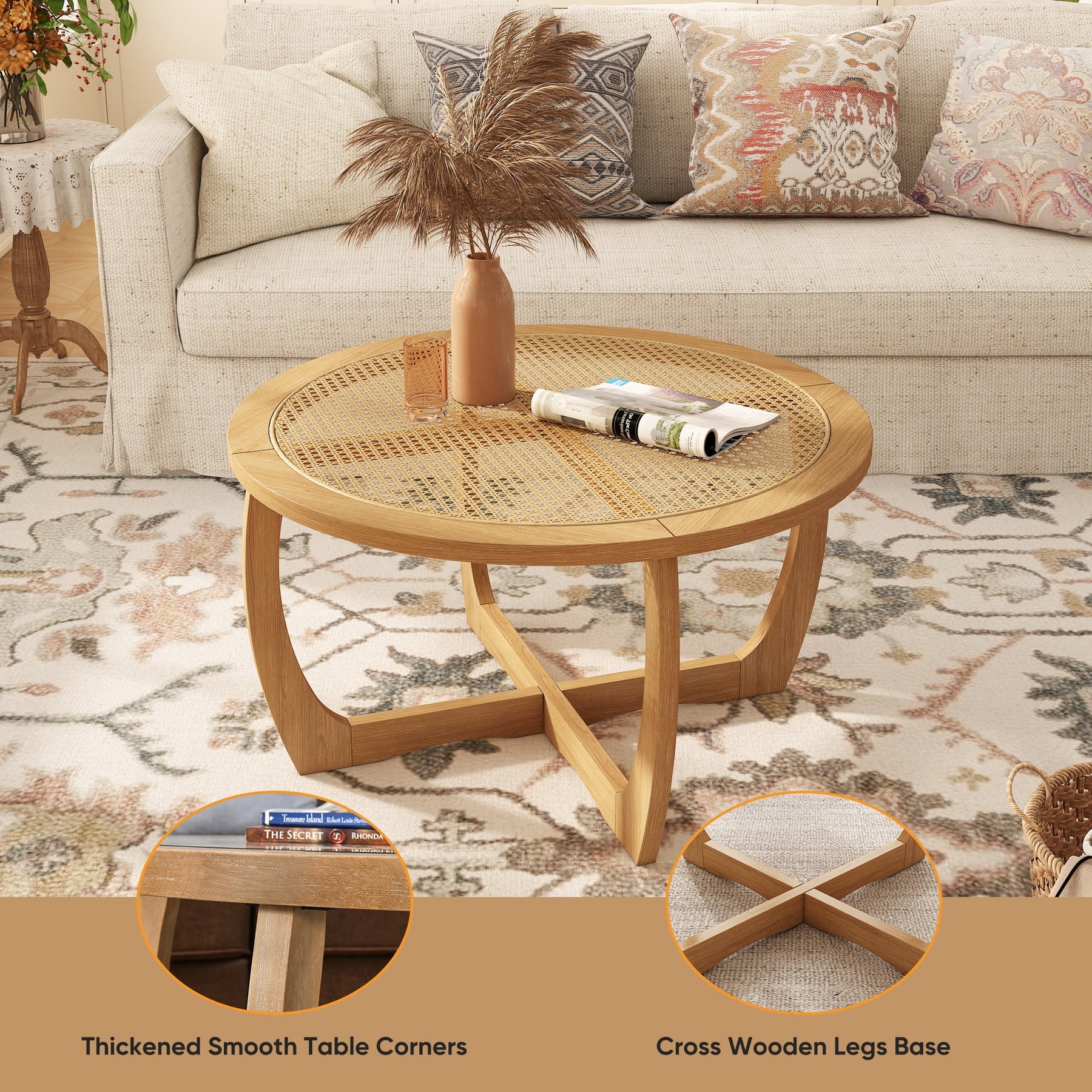 Round Wood Coffee Table with Glass Rattan Top, Wooden Circle Center Table with Curved Legs & Removeable - Product image 22