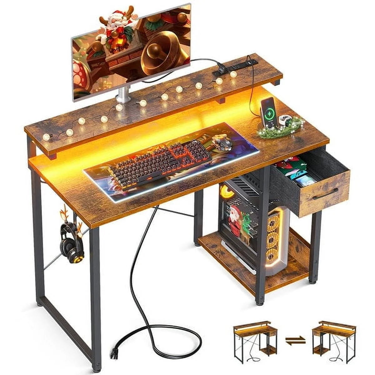 40 in Computer Desk with Power Outlets & LED Lights, Home Office Desk with 3 Drawers & Adjustable Monitor - Product image 35