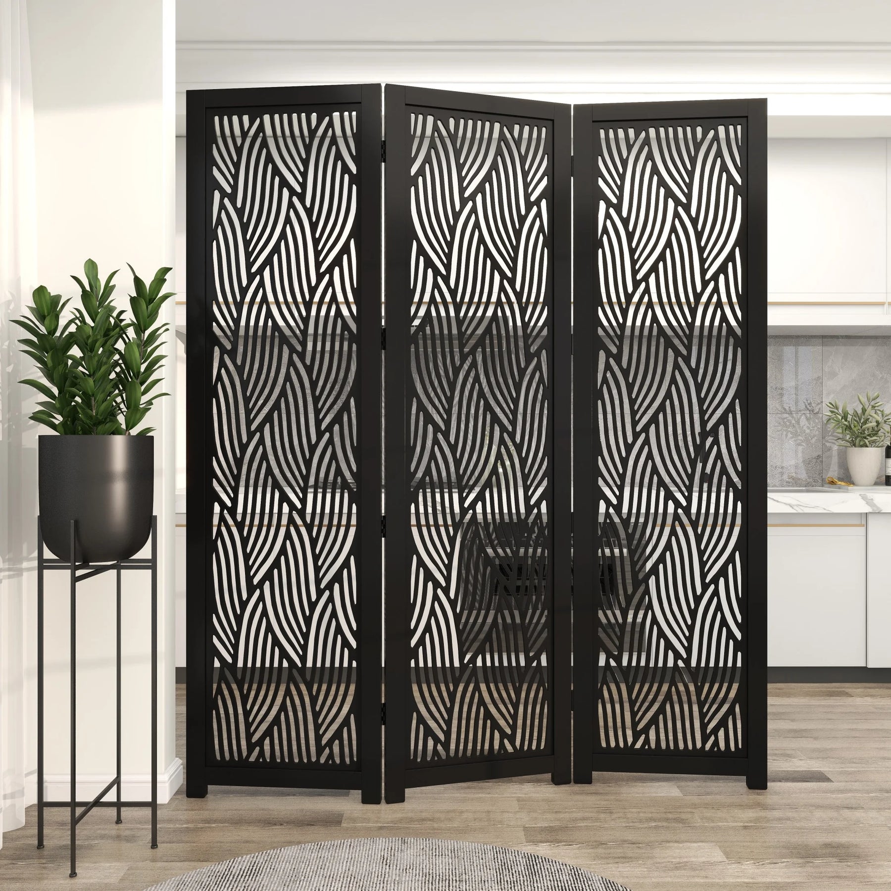 Decmode 60" x 72" Black Mango Wood Abstract Wavy Cutout 3 Panel Room Divider Screen, 1 - Piece