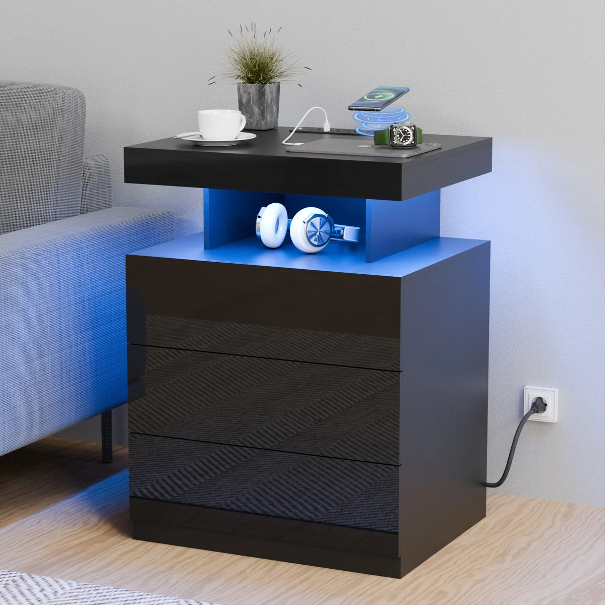Hommpa LED Nightstand Wireless Charging Station USB Type C Outlets Bedside Table 3 Drawers Black Night - Product image 14
