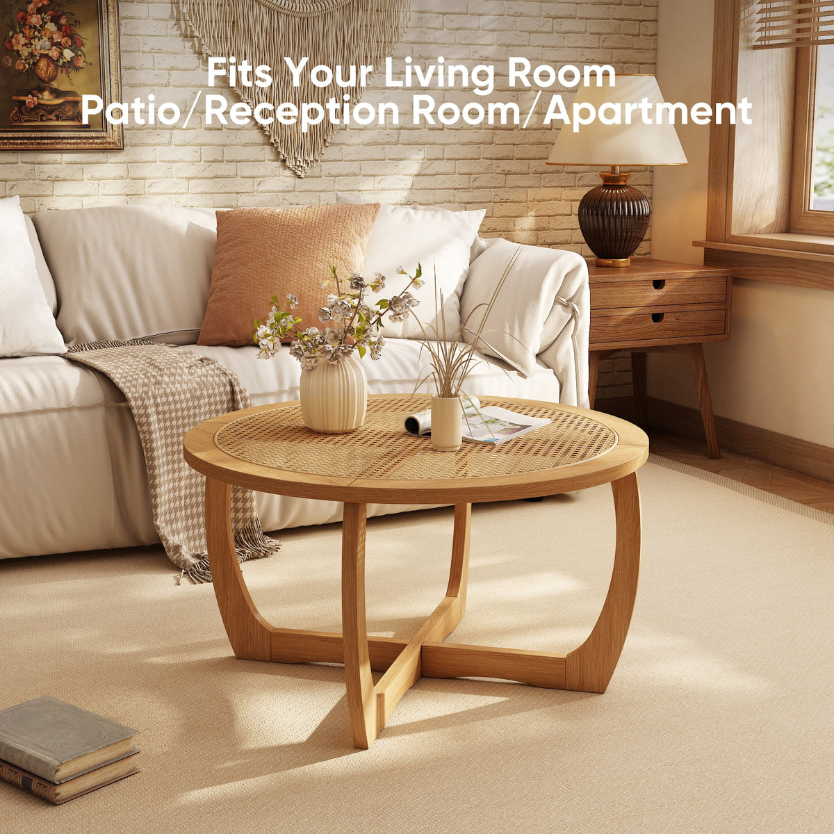 Round Wood Coffee Table with Glass Rattan Top, Wooden Circle Center Table with Curved Legs & Removeable - Product image 23