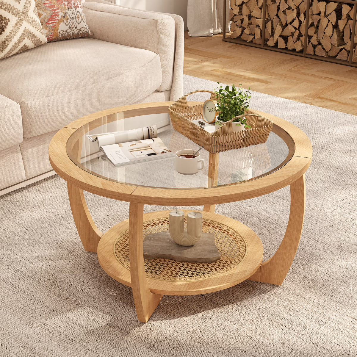 Round Wood Coffee Table with Glass Rattan Top, Wooden Circle Center Table with Curved Legs & Removeable - Product image 3
