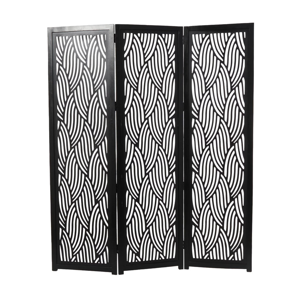 Decmode 60" x 72" Black Mango Wood Abstract Wavy Cutout 3 Panel Room Divider Screen, 1 - Piece